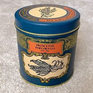Vintage Princeton Popcorn Co Tin Metal Canister-Navy Blue/Orange-Small-Est 1885